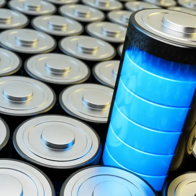 Blau leuchtende Batterie vor vielen anderen Batterien