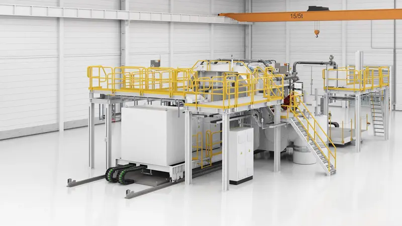Perspective view of a VON ARDENNE roll-to-roll vacuum coating system FOBA  for flexible substrates.