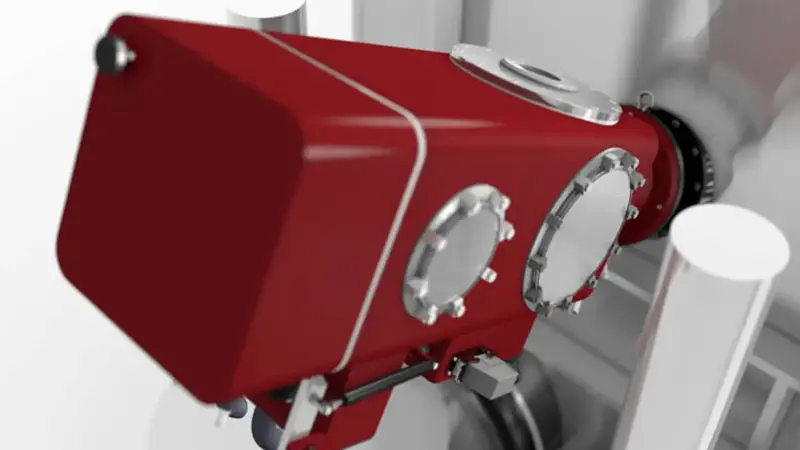Perspective view of a VON ARDENNE electron beam gun on a roll-to-roll vacuum coating line for flexible substrates.